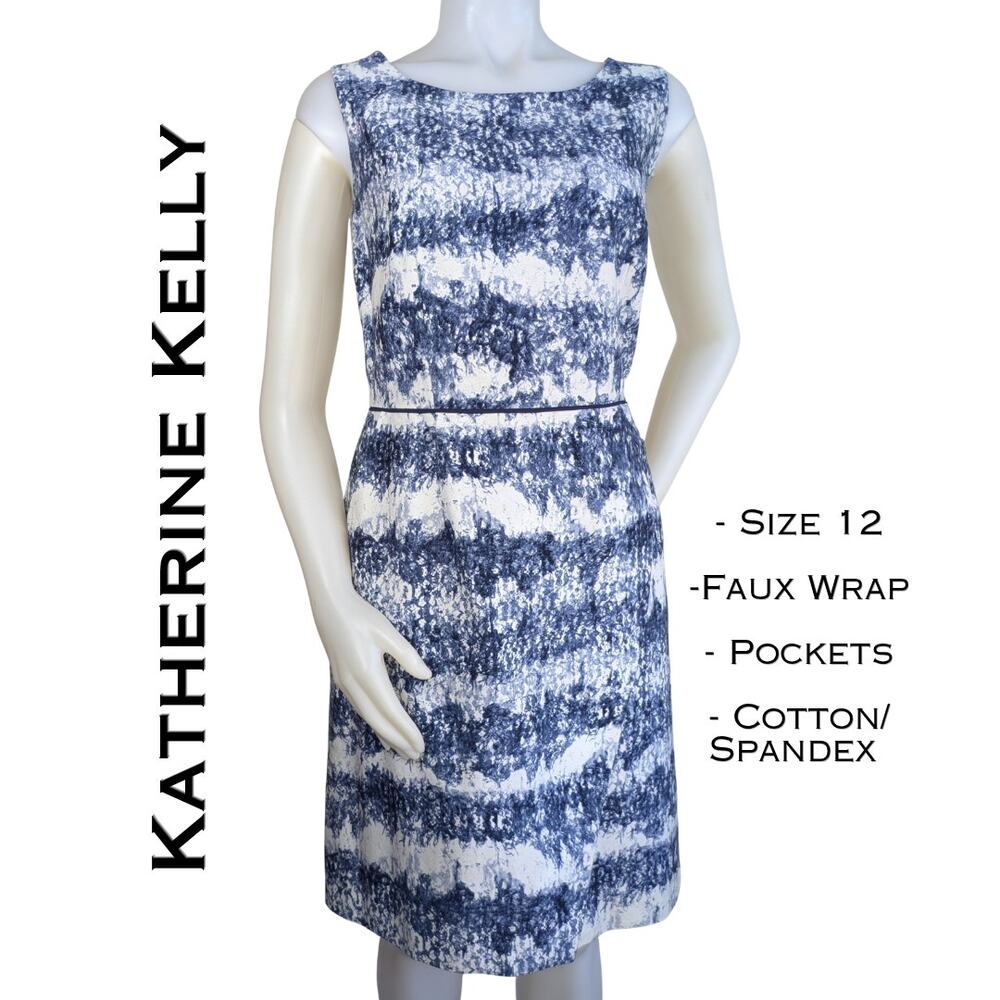 Katherine Kelly Sheath Dress 12 Blue White Faux Wrap Striped Sleeveless Cotton